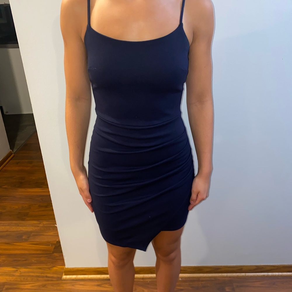 Navy blue mini dress, uneven hem, ruching on the side